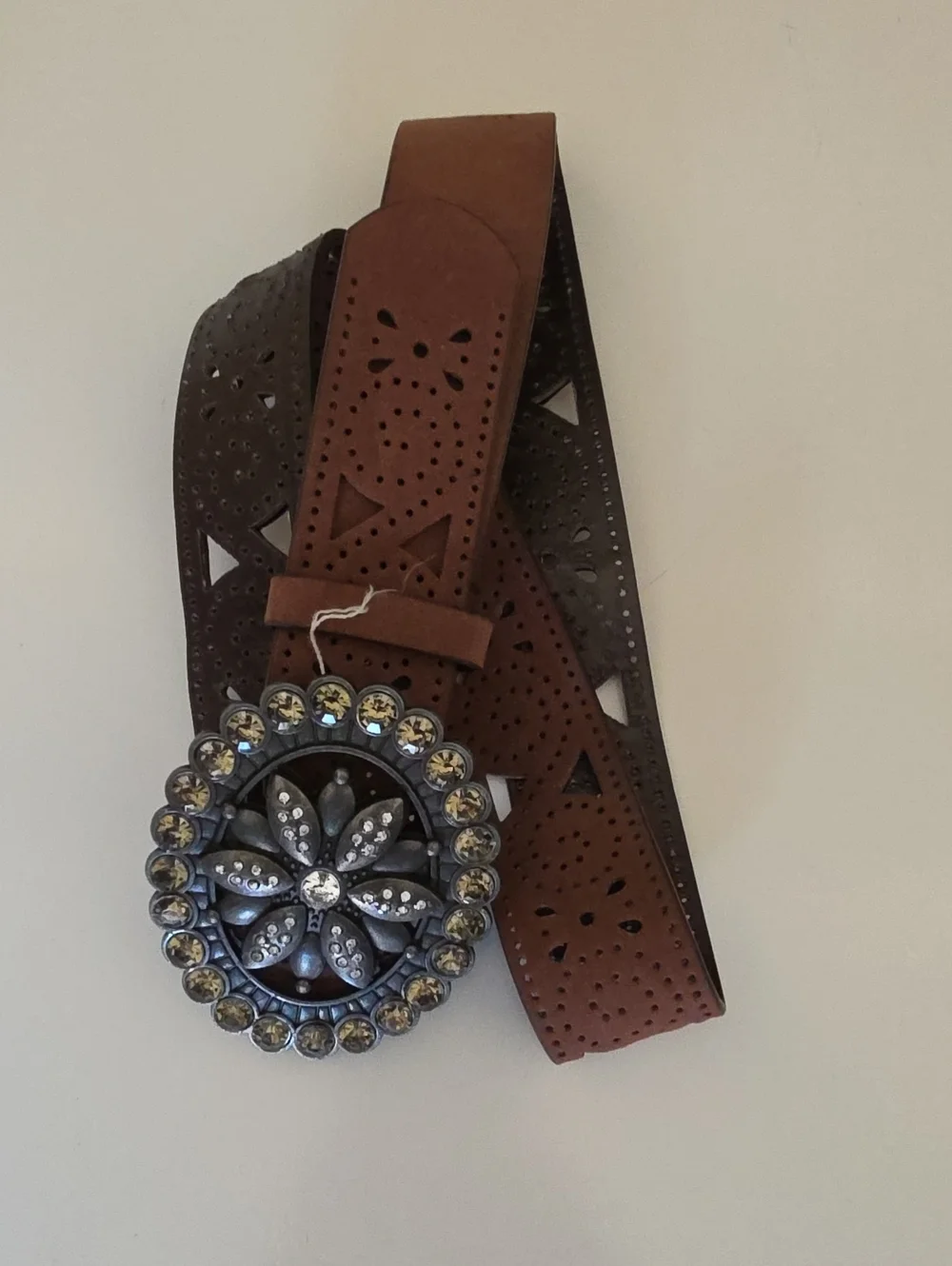 Brown Perforated Leather Belt with Decorative Crystal Floral Buckle